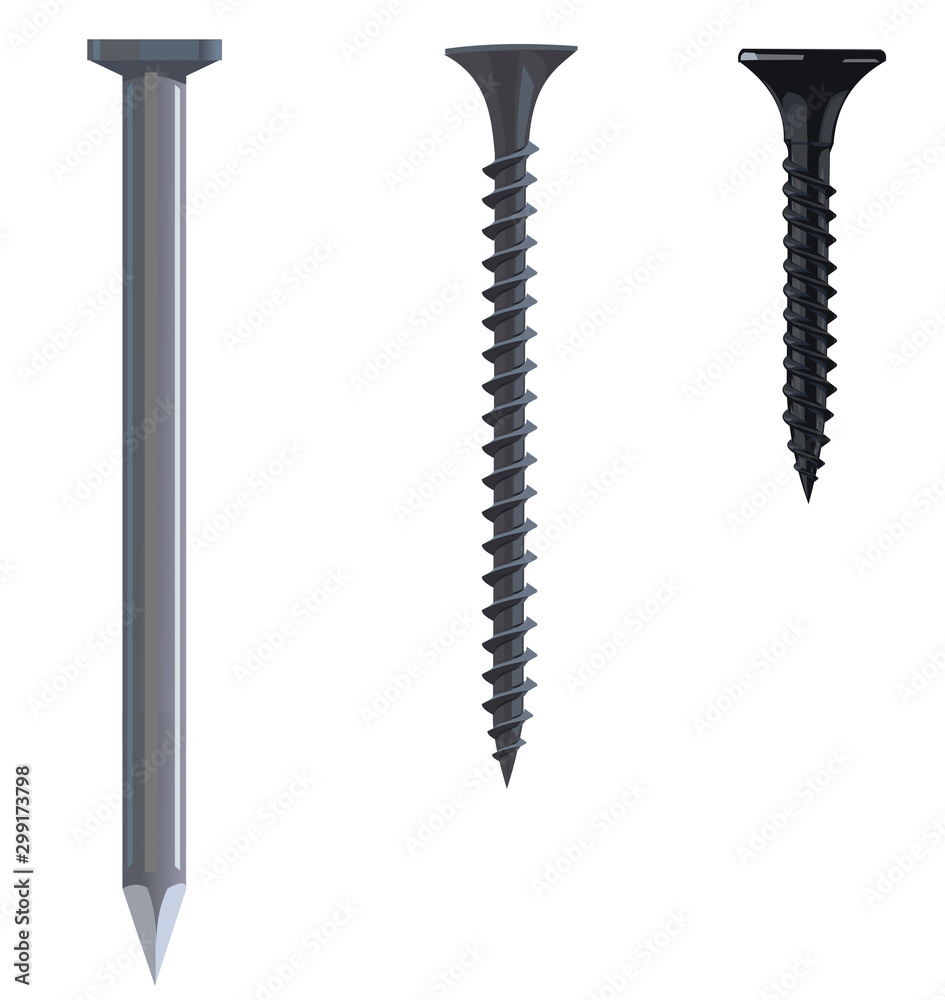 Screws and nails. Set. Vector illustration. Isolated objects. Steel screws, construction nails.