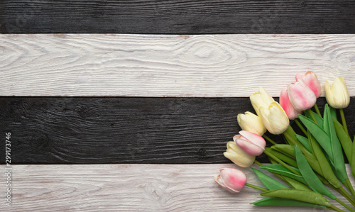 Beautiful Tulip flowers on a dark, black and white wooden textured background. Spring bouquet. Striped background with space for text. Flat lay, top view. Striped background with space for text.