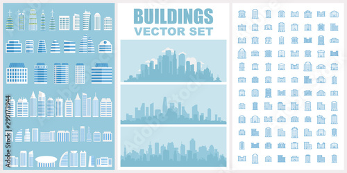 City architecture vector objects and pictogram icons.