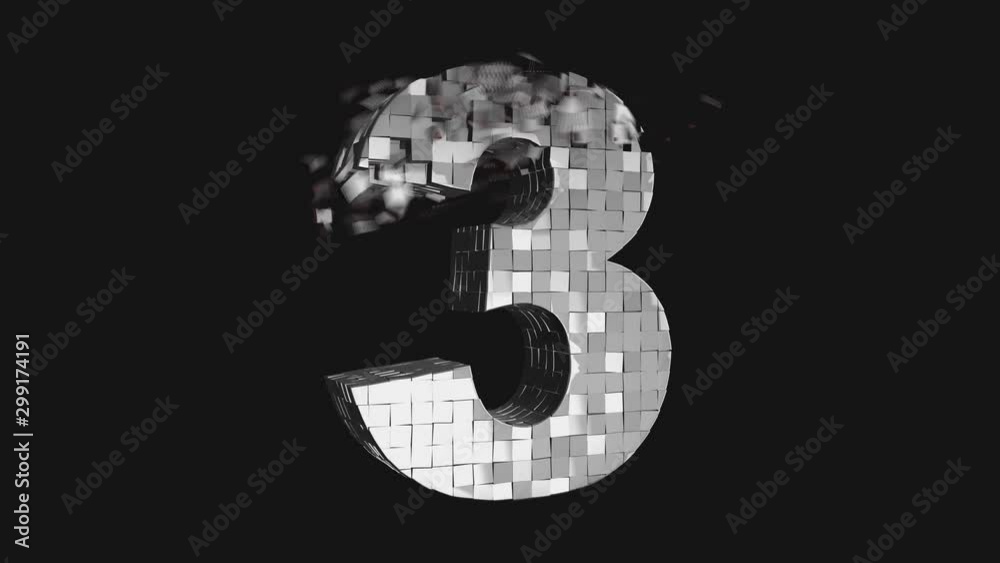 Transformer font - Build and destroy number three 3 from metallic cubes, 3D number animation on dark and chroma key green screen background in 4K	