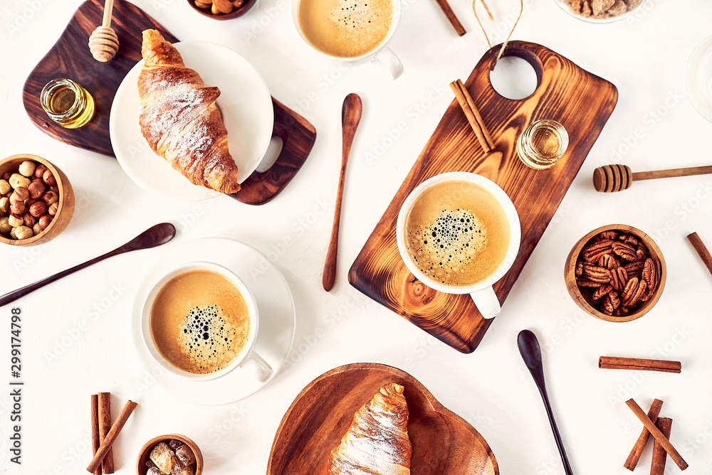 french breakfast, coffee and croissant, pattern top view. Good morning concept