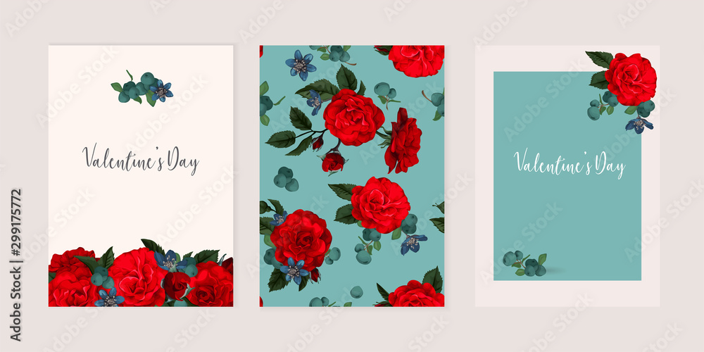 Fototapeta Valentine's day greeting card templates with realistic of beautiful rose. Seamless pattern with red rose and wildflower included.
