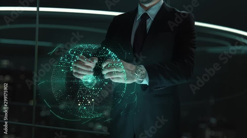 Businessman with Self Reconfiguring Modular Robot hologram concept photo