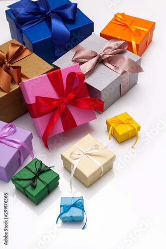 Multi-colored gift boxes with bow. Flatlay.