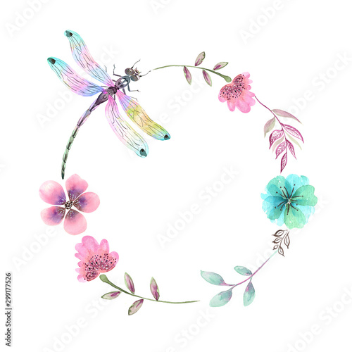 watercolor frame, wildflowers pink and blue flowers and dragonfly insect on a white background photo