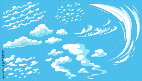 Set cartoon clouds in blue panorama sky. Isolated vector illustration.