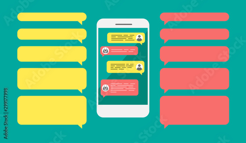 Empty template messaging bubbles. Man chatting with chat bot robot on cellphone. Smartphone with blank dialog boxes. Avatar icon design.