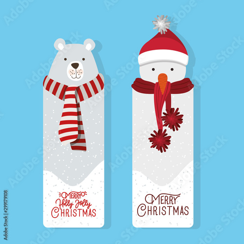 happy mery christmas card with polar bear and snowman