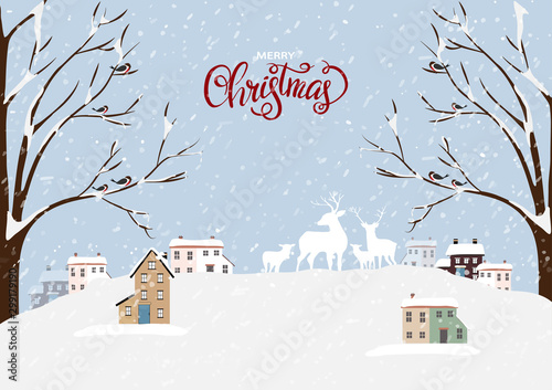 Vector Cute winter landscape with lettering Merry Christmas with rein deers family, snow covered house and birds standing on branches tree. Minimal flat design for Holiday background