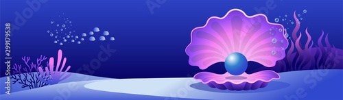 Vector illustration of a cockleshell with a pearl in a marine decor. Underwater landscape