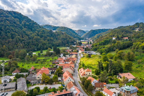 Panorama of Town of Samobor in Croatia, city centre, green countryside landscape