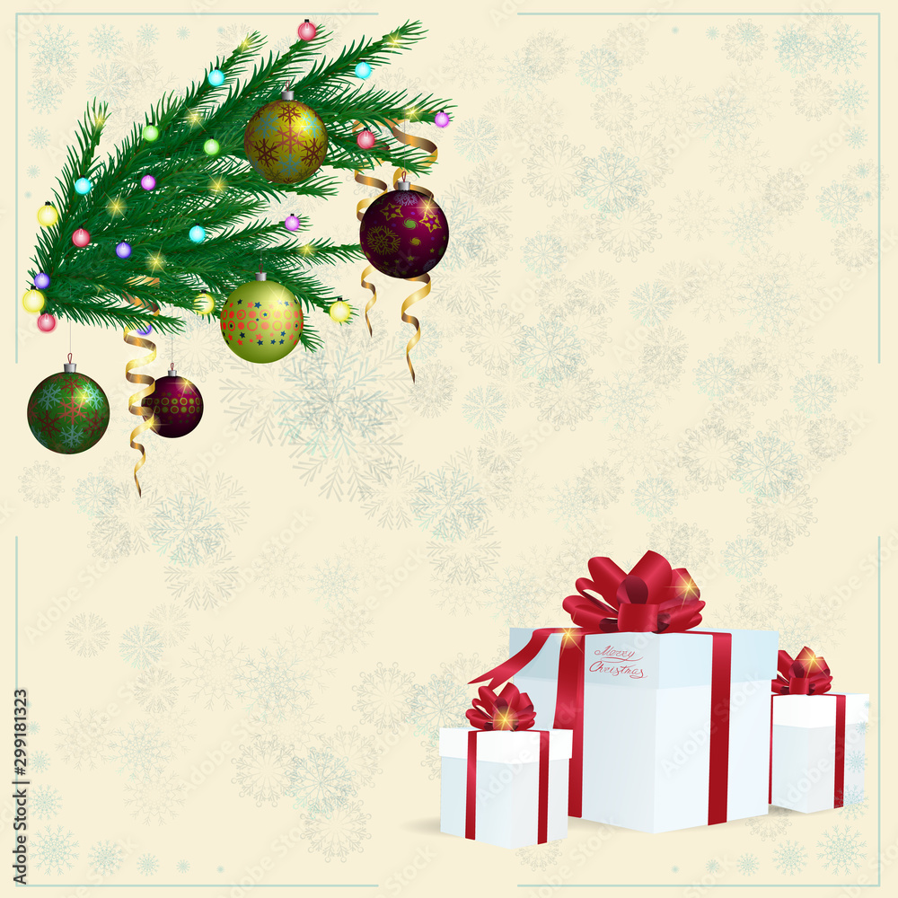 Background for Christmas card with gifts and fir twig