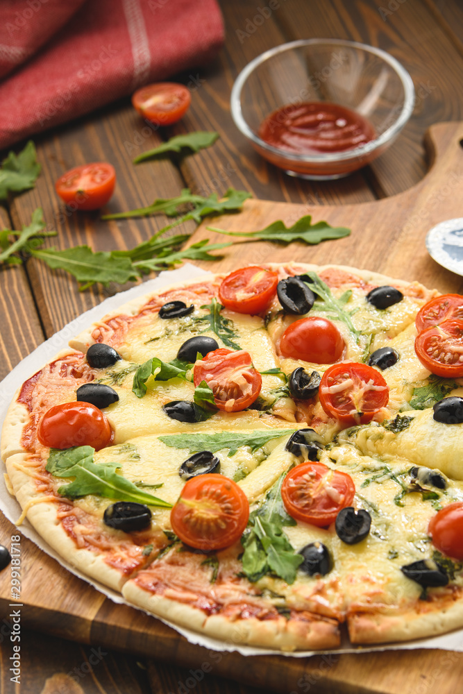 Pizza with wine tomatoes cheese and arugula Pizza with wine tomatoes cheese and arugula