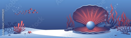 Vector illustration of a cockleshell with a pearl in a marine decor. Underwater landscape