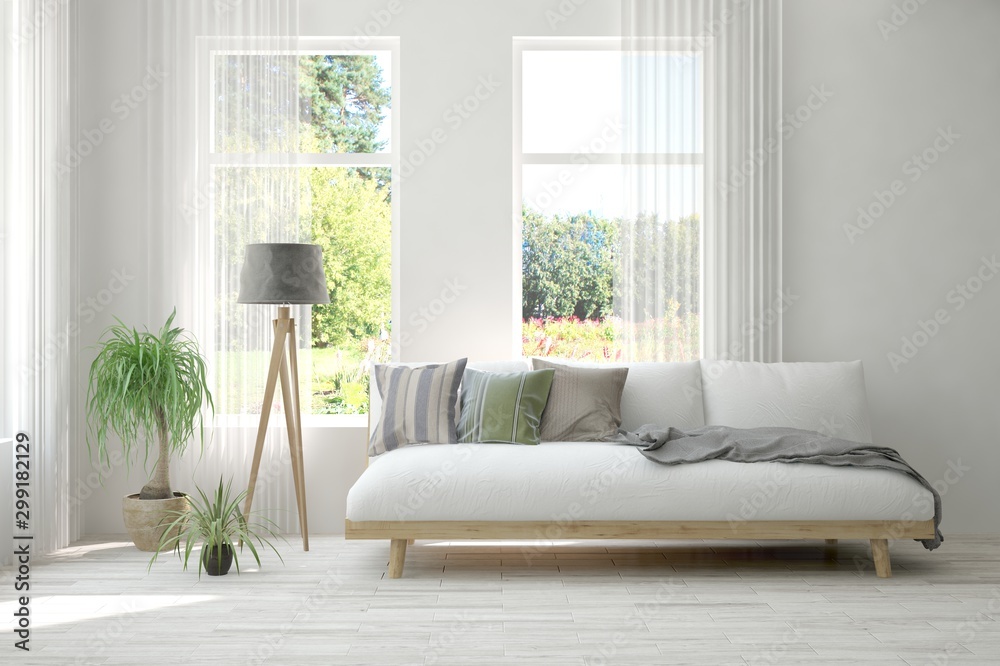 Stylish room in white color with sofa and summer landscape in window. Scandinavian interior design. 3D illustration Stylish room in white color with sofa and summer landscape in window. Scandinavian interior design. 3D illustration