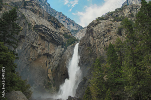 Lower Yoseimite Falls in Yosemite Valley National Park, California, USA. Near Landmarks: Tunnel View, El Capitan, Bridalveil Falls, Half Dome, Glacier Point.