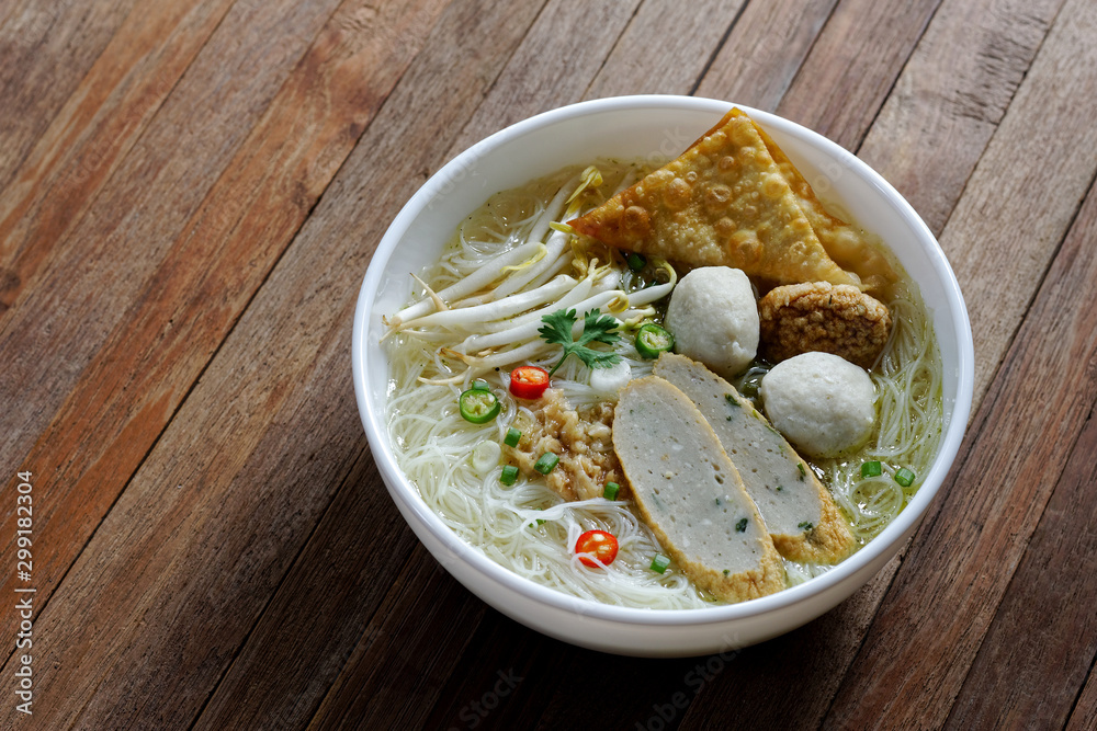 Rice Vermicelli noodle in Clear Broth soup with meatballs Rice Vermicelli noodle in Clear Broth soup with meatballs