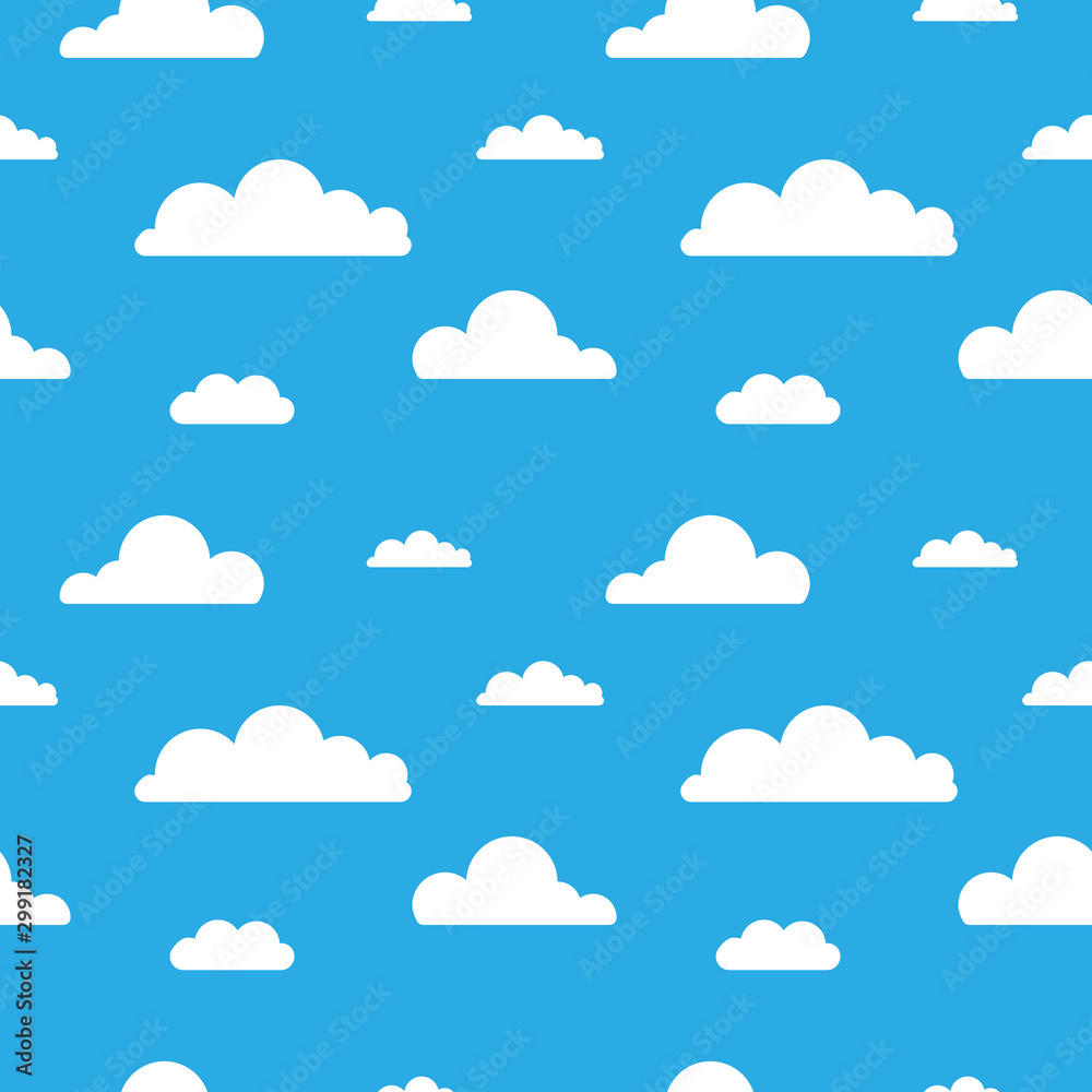 Seamless vector pattern with clouds on blue background. Cartoon modern white clouds in flat design isolated. Design for web page backgrounds, fabric, wallpaper, textile and decor - obrazy, fototapety, plakaty 