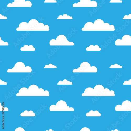 Seamless vector pattern with clouds on blue background. Cartoon modern white clouds in flat design isolated. Design for web page backgrounds, fabric, wallpaper, textile and decor