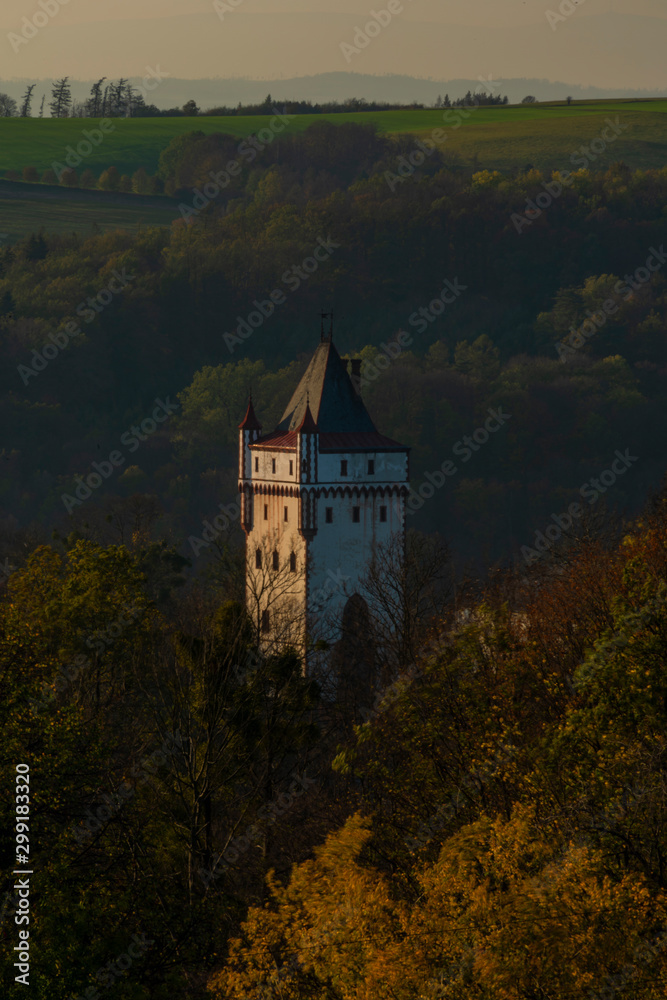 Obraz premium Tower of Hradec nad Moravici castle in autumn evening