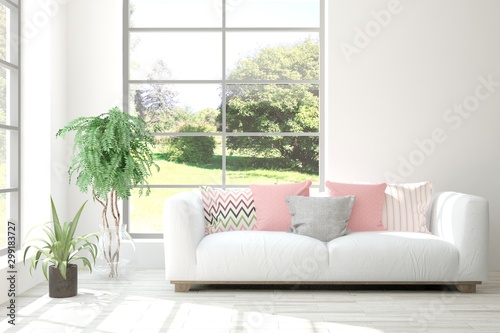 Wallpaper Mural Stylish room in white color with sofa and summer landscape in window. Scandinavian interior design. 3D illustration Torontodigital.ca