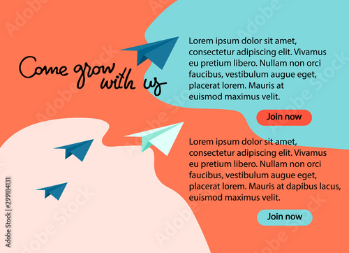 Recruitment, teambuilding, personal development concept. Background, banner, presentation, landing page template with places for job or training courses descriptions. Paper planes, hand lettering