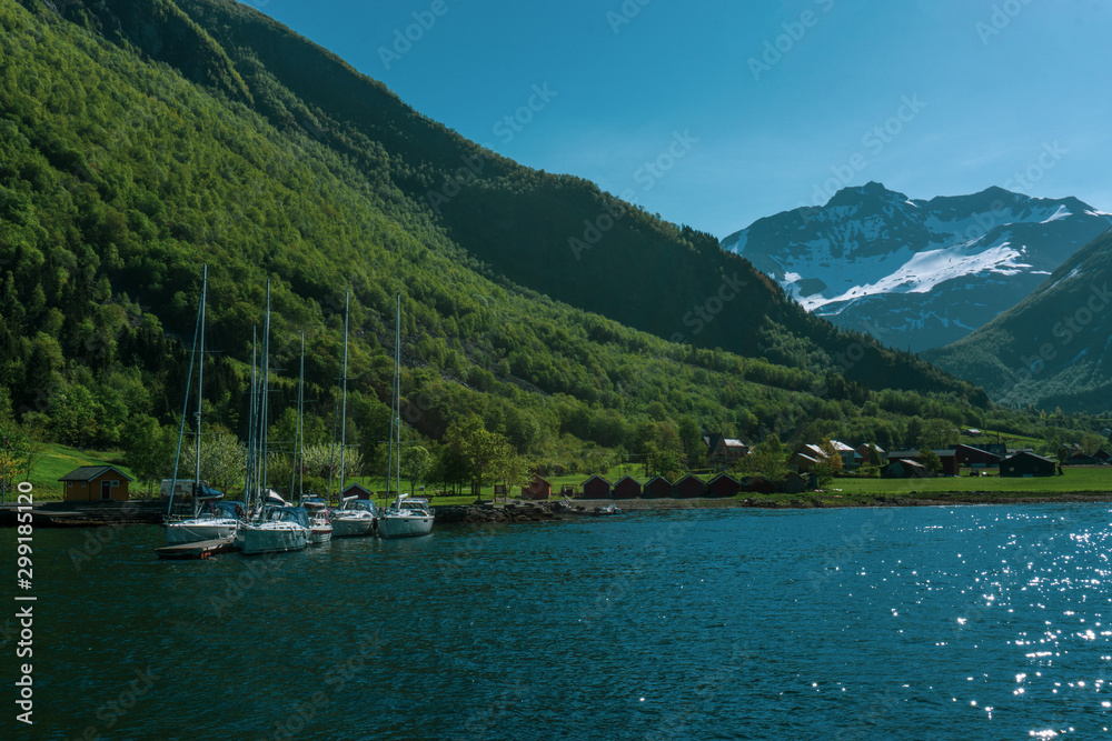 scandinavian landscape with boats in fjord