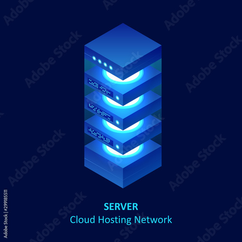 Isometric cloud server isolated on blue. Data center storage room objects. Network server room