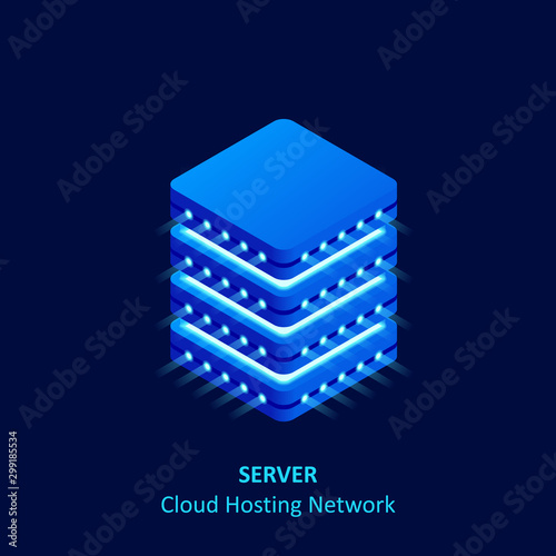 Isometric cloud server isolated on blue. Data center storage room objects. Network server room