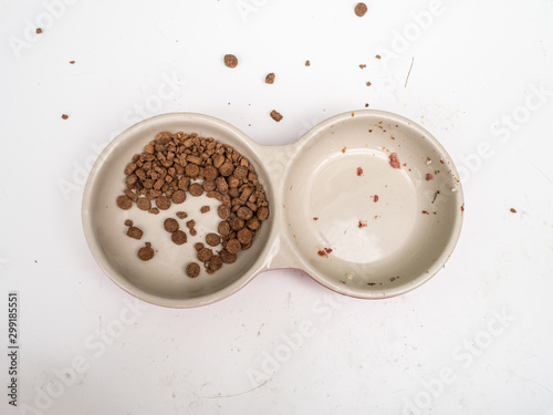 Dirty cat food bowls on a mucky white surface