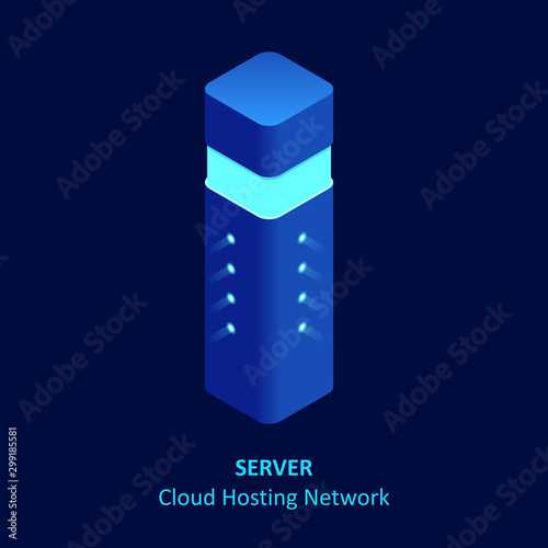 Isometric cloud server isolated on blue. Data center storage room objects. Network server room