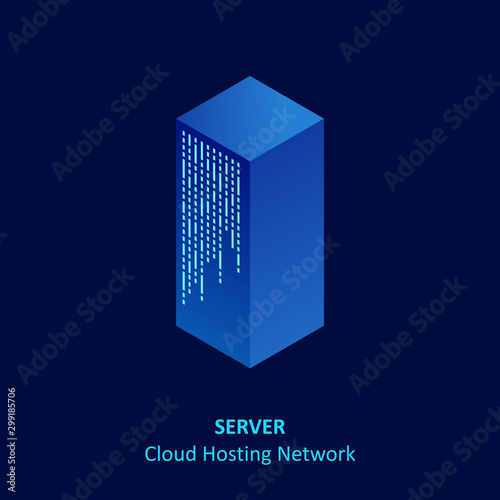 Isometric cloud server isolated on blue. Data center storage room objects. Network server room