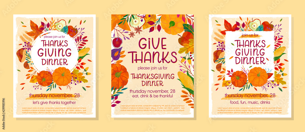 Bundle of Thanksgiving dinner templates with pumpkins,mushrooms,corn,apples,figs,wheat,plants,leaves,berries and floral elements.Holiday invitations design.Trendy autumn vector illustrations. - obrazy, fototapety, plakaty 