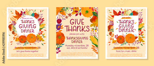 Bundle of Thanksgiving dinner templates with pumpkins,mushrooms,corn,apples,figs,wheat,plants,leaves,berries and floral elements.Holiday invitations design.Trendy autumn vector illustrations.