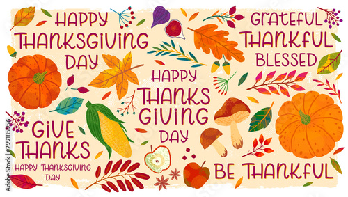 Bundle of Thanksgiving day handwritten greetings with pumpkins,mushrooms,corn,apples,figs,plants,leaves,berries and floral elements.Holiday background design.Trendy autumn vector illustrations.