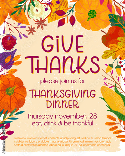 Thanksgiving dinner template with pumpkins,mushrooms,corn,apples,figs,plants,leaves,berries and floral elements.Holiday invitation design.Trendy autumn vector illustration.