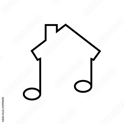 Icono plano lineal casa con nota musical en color negro