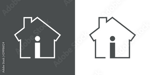 Símbolo información agencia inmobiliaria. Icono plano lineal casa con información en fondo gris y fondo blanco