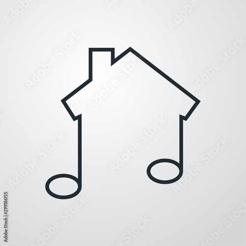 Icono plano lineal casa con nota musical en fondo gris