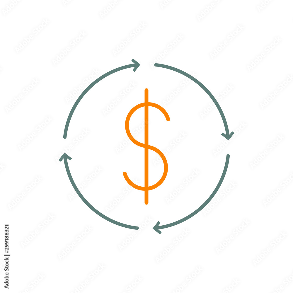 Icono plano lineal símbolo dolar con flechas girando en naranja y gris Icono plano lineal símbolo dolar con flechas girando en naranja y gris