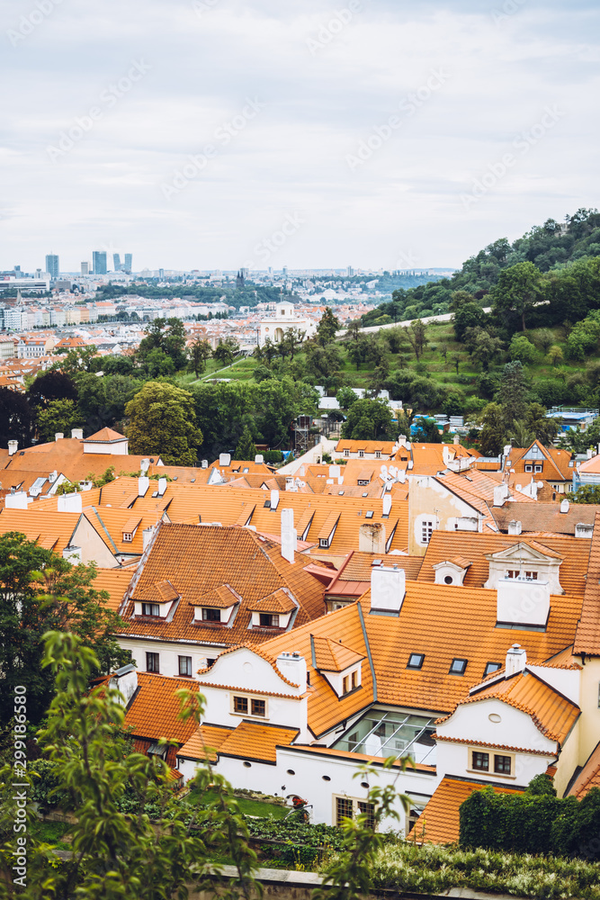 The cityscape of Prague with its typical brown roofs and green parks