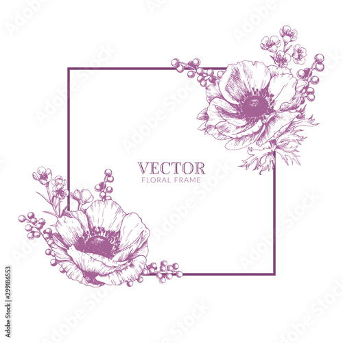 Floral stationery design with anemones. Elegant vector frame with flowers.