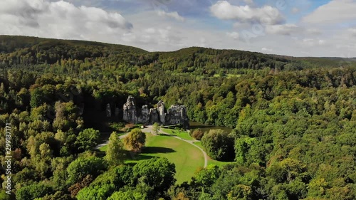 An aerial view of one of the most popular travel destinations in Germany. The massive sandstone rocks of Externsteine are a magnet for tourists. A mystical place.