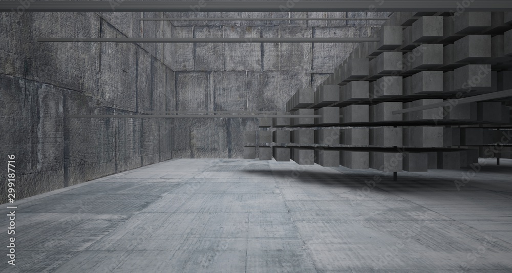 Abstract architectural concrete interior from an array of white cubes with large windows. 3D illustration and rendering. Abstract architectural concrete interior from an array of white cubes with large windows. 3D illustration and rendering.