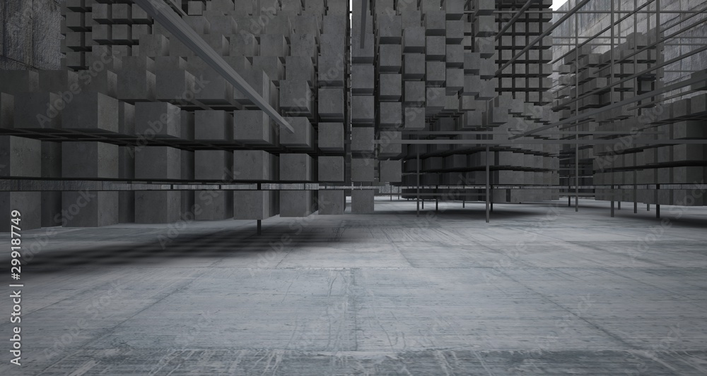 Abstract architectural concrete interior from an array of white cubes with large windows. 3D illustration and rendering. Abstract architectural concrete interior from an array of white cubes with large windows. 3D illustration and rendering.