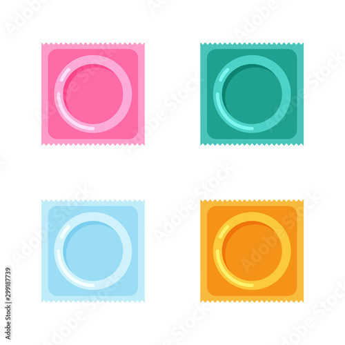 Vector condom and package icons. Contraception concept. Sealed condom isolated on white background.