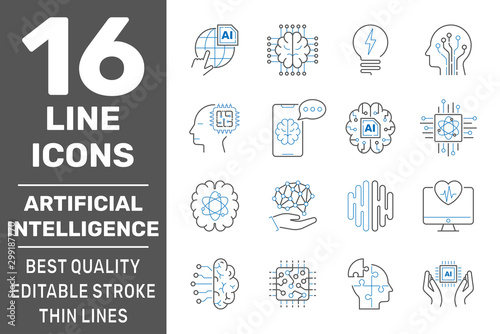 Machine learning and artificial intelligence icons set. Deep learning neural network concept. Editable Stroke. EPS 10