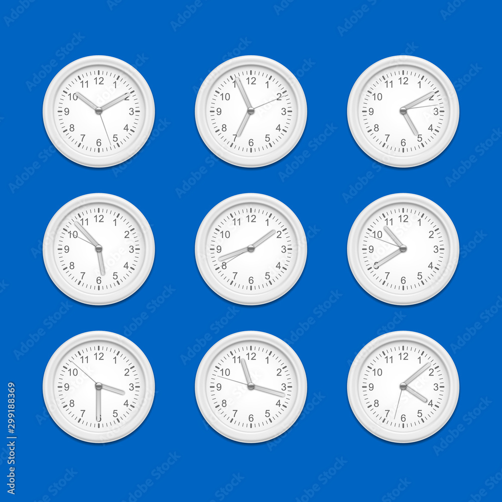 Realistic Detailed 3d Classic Clocks Wall onn a Blue. Vector Realistic Detailed 3d Classic Clocks Wall onn a Blue. Vector