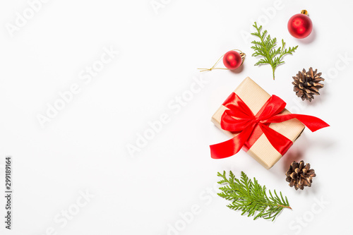 Christmas flat lay background with decorations on white.