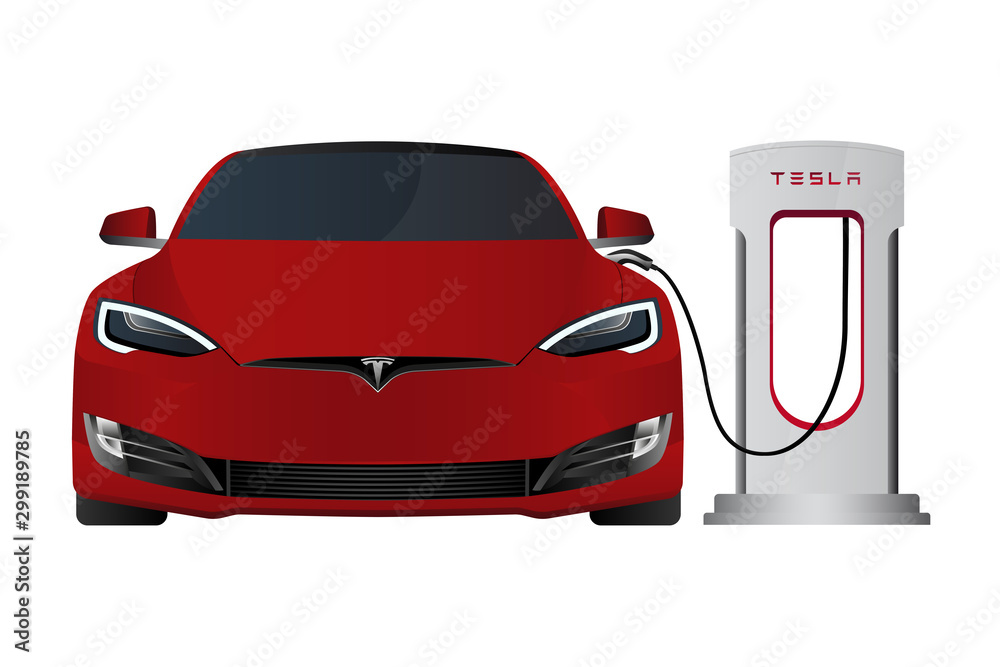 Red Tesla Model S with Tesla Supercharger. Vector illustration